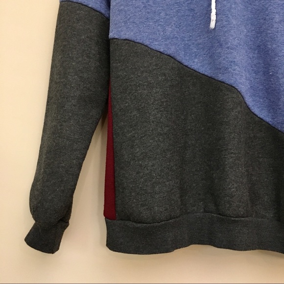 FASHION Fleece Lined Red Blue Gray Colourblock Hoodie Sweatshirt - Picture 4 of 6